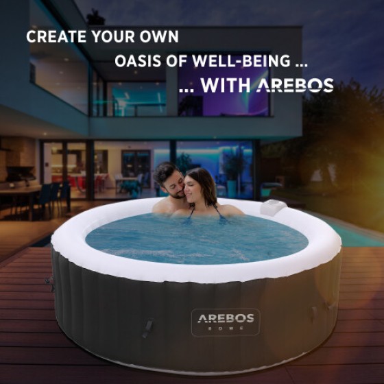 AREBOS Whirlpool Indoor/Outdoor Round Heated Bathtub, 208 cm Diameter, with LED Display