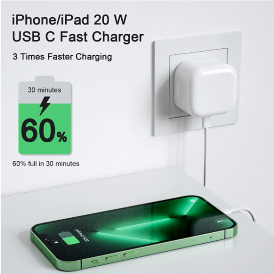 iPhone Fast Charger, 20W PD 3.0 USB C Fast Charger Plug with 1M USB C to Charging Fast Charger Cable, iPhone Fast Charger Cable