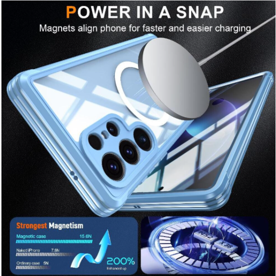 (Blue) Magnetic Case for Samsung Galaxy S25 Ultra Compatible with MagSafe - Drop and Crash Proof, Fully Transparent, 360° All-Inclusive PET Protective Film