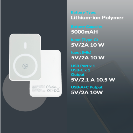 5000mAh ワイヤレス充電パワーバンク、磁気アタッチメント付き