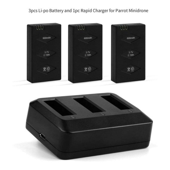 Parrot MiniDrones Charger Hub + 3 Pack 3.7V 600mAh Battery for Jumping Sumo, Rolling Spider, Swing Mambo, Airborne, Hydrofoil Battery
