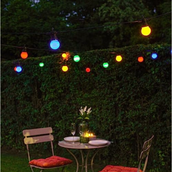 Festive Lights - ConnectGO Outdoor Garden Festoon Lights - Frosted Cap Bulbs with Black Rubber Cable - Extendable - with Plug (Multicolour, 30m)