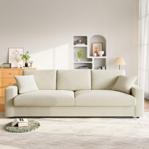 Beige Corduroy Three-Seater Sofa