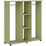 This green open wardrobe storage rack features a double-layer design, six wheels for easy movement, and two shelves for storing clothes and accessories.