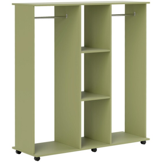 This green open wardrobe storage rack features a double-layer design, six wheels for easy movement, and two shelves for storing clothes and accessories.