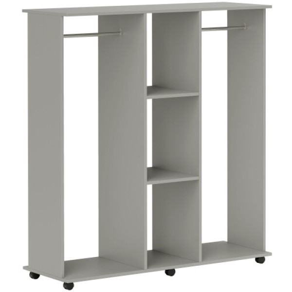 Grey six-wheel open wardrobe – HOMCOM double-layer movable shelves create a multifunctional, spacious, and mobile clothing storage solution.
