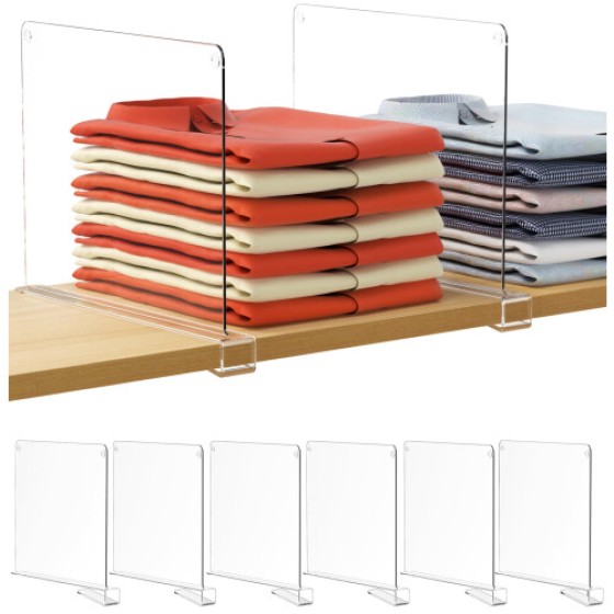 12-inch tall wardrobe shelves, made of transparent acrylic, suitable for storing wallets and handbags, with 6 extra-tall shelves.