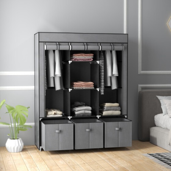 HOMCOM Portable Fabric Wardrobe with 5 Shelves and 3 Fabric Drawers, Gray