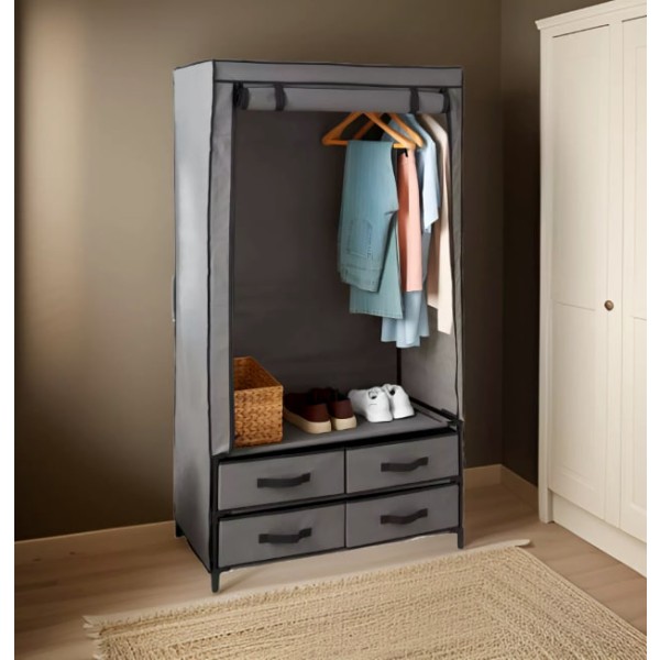 Luxury double canvas wardrobe - grey, with roller shutter doors and drawers