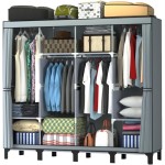 (Gray) Canvas Wardrobe, Four-Column Portable Bedroom Wardrobe, 165 * 45 * 175 cm, New Base Design, Large Capacity Foldable Wardrobe
