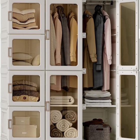 Portable wardrobe with transparent doors - quick assembly in 3 minutes, 20-inch deep, foldable multi-purpose storage organizer (PP+PET)