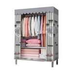 Portable canvas wardrobe, measuring 86x46x175 cm, is foldable and features hanging rods and shelves for convenient clothing storage.