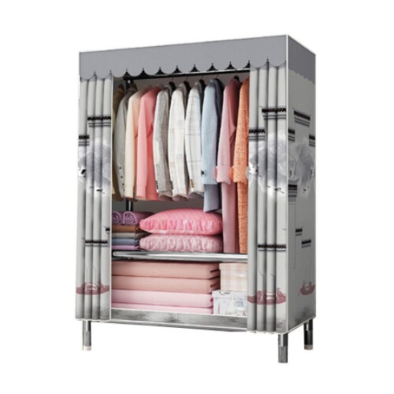Portable canvas wardrobe, measuring 86x46x175 cm, is foldable and features hanging rods and shelves for convenient clothing storage.