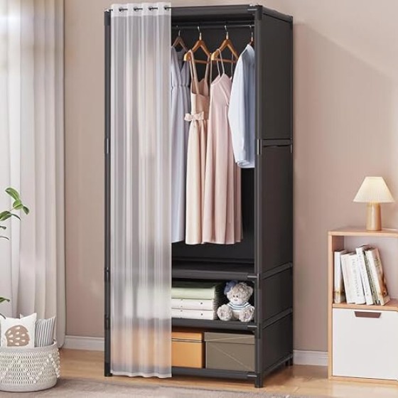 Double-row wardrobe shelves with individual black drawers for easy organization and space saving.