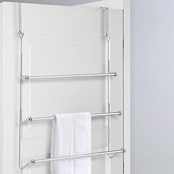Three-tier chrome-plated door rear clothes rack, towel rack, clothes rod holder, bathroom towel storage rack (60cm wide x 12cm deep x 70cm high)