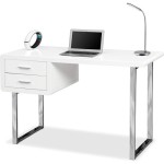 Homeology Harmonia Glossy White Chrome Leg Double Drawer Modern Home Office Luxury Computer Desk
