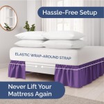 Dust ruffle bed skirt with pleated ruffle – purple – for full-size beds with a 24-inch drop – easy-fit elastic band – track p.