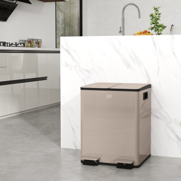 HOMCOM 2 x 20L Dual Compartment Kitchen Trash Bin, Pedal-Operated, for Recycling and Waste Sorting, Gold