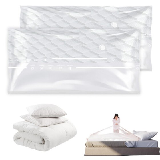Two vacuum mattress storage bags, measuring 220 x 100 cm, are reusable, waterproof, and can also be used to store down comforters, clothing, pillows, etc.