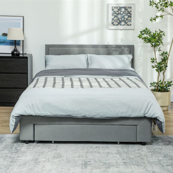 HOMCOM Double Bed Frame, with Storage Space and Adjustable Velvet Headboard, Gray