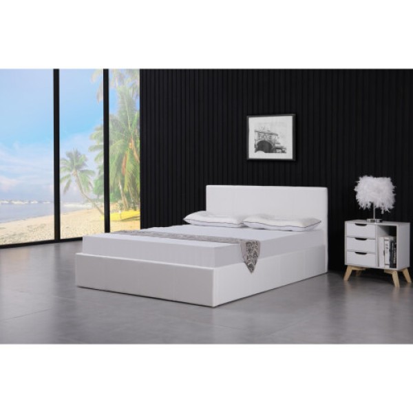 Small Double 4ft Side Lift White Leather Bed with Storage Function