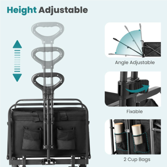 折りたたみ可能な30インチ黒のワゴンカート、重作業用ガーデンビーチユーティリティカート、全地形対応のタイヤとドリンクホルダー付き
