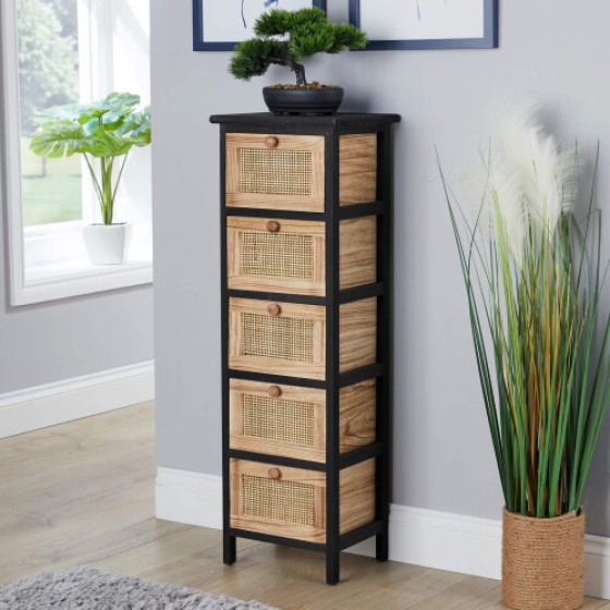 (5-Drawer Rattan Storage Cabinet) — Available in 3/4/5 Drawers, Made of Solid Wood, Fully Assembled