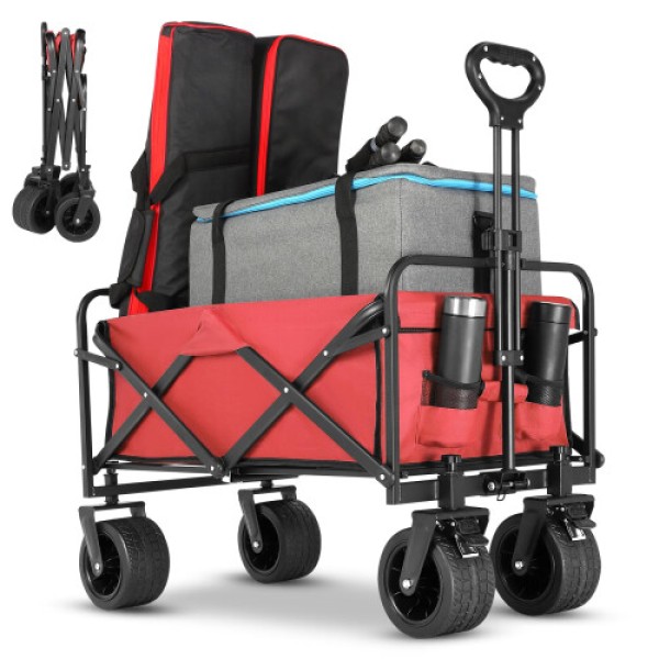 EVLIQUIL Beach Wagon Collapsible Foldable Wagon Cart with Big Wheels Utility Folding Grocery Lounge All Terrain Wagon with Side Pocket and Brakes for