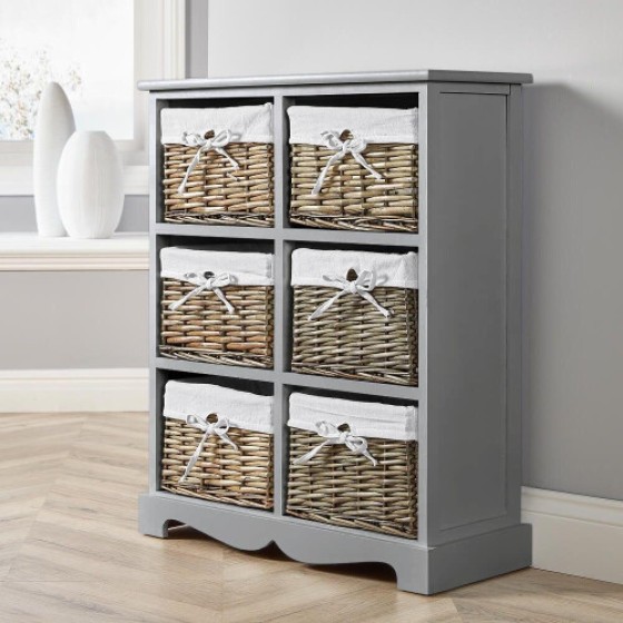 Wooden 6-Drawer Storage Cabinet with Water Hyacinth Baskets, Fully Assembled