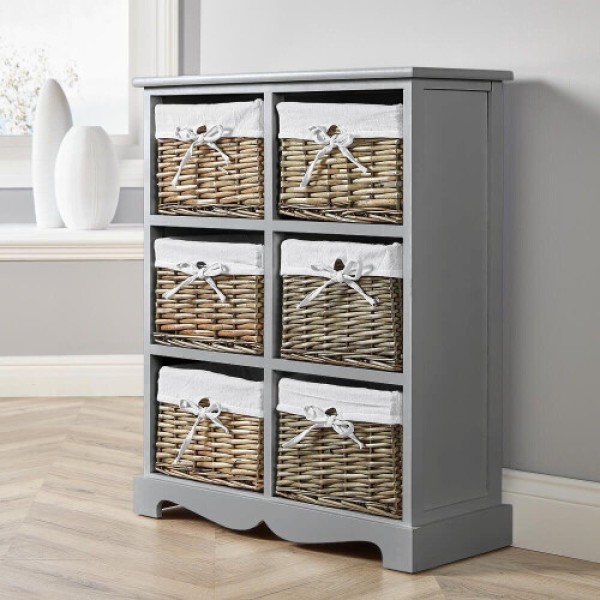 Wooden 6-Drawer Storage Cabinet with Water Hyacinth Baskets, Fully Assembled