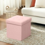 (Pink) HOMCOM Foldable Lambswool Storage Ottoman, 38 x 38 x 38 cm