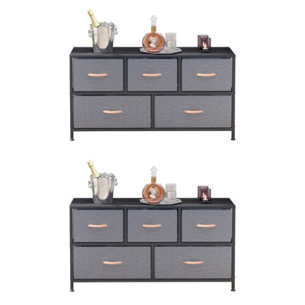 2個セット 5段布製チェスト – 取っ手付き収納キャビネット モダンで軽量な整理タンス