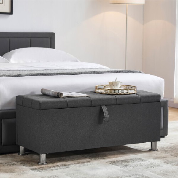 (Deep Gray Linen) Valencia Storage Footstool with Padded Velvet Fabric, Meets UK Fire Retardant Standards
