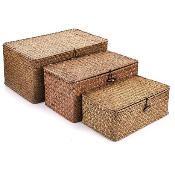 3 Set Natural Seagrass Handwoven Wicker Storage Baskets Household Organizer Large Rectangular