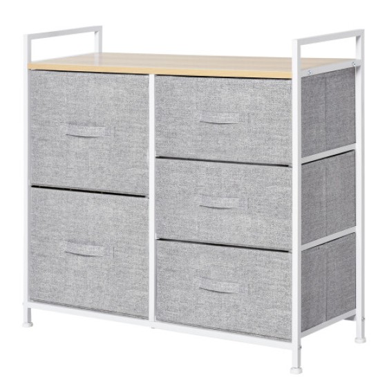 Linen Basket Storage Unit with 5 Drawers Metal Frame Adjustable Feet Shelf Handles Grey Home Organisation Furniture