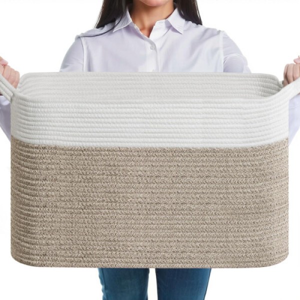 Large Storage Basket 55x38x30 cm, Woven Rope Basket for Clothes, Bedding, and Toys, White and Brown, 1 Pack