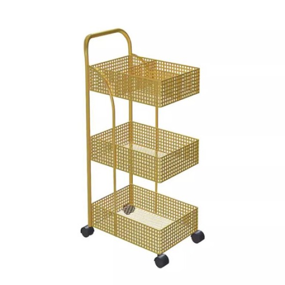 3 Tier Bathroom Storage Cart Metal Rolling Cart with Handle, 3 Shelves and 3 Hanging Baskets for Kitchen and Bathroom Organization