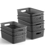 Plastic Storage Baskets 8 Pack Gray Durable Flexible Multi-Purpose Organizers for Closets Cabinets Shelves Countertops