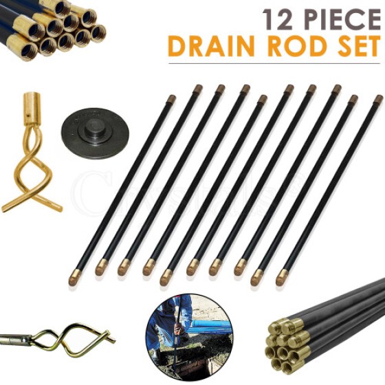 Universal drain rod set, including 12 rods/plungers/worm-type drain cleaners, suitable for drain unclogging, chimney cleaning, etc., DIY accessories.