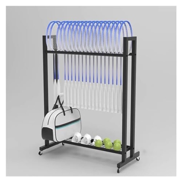 Badminton Racket Storage Rack for Home Gym with Lockable Wheels, Large Steel Sports Equipment Holder, Black Tennis Racket Stand