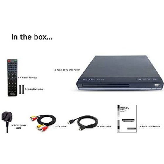 Roxel RDP-S500 DVD Player, Includes HDMI Cable, Connects to TV; Multi-Region DVD Player, with USB Port and Remote Control; CD Player with Full HD HDMI and RCA Inputs.