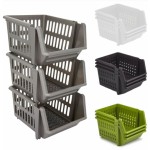 (Black) Set of 3 Stackable Storage Basket Kitchen Fruit Vegetable Stacking Container Box