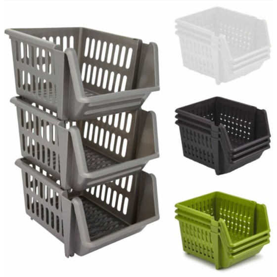 (Black) Set of 3 Stackable Storage Basket Kitchen Fruit Vegetable Stacking Container Box