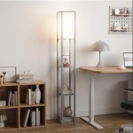 (Grey) Three-Tier LED Floor Lamp with Wooden Storage Shelf