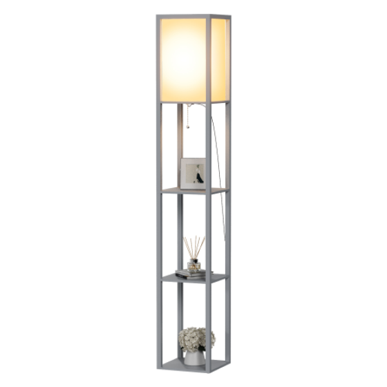 (Grey) Three-Tier LED Floor Lamp with Wooden Storage Shelf