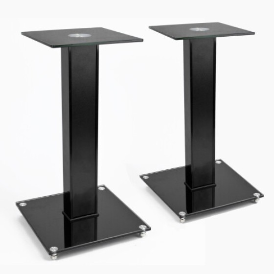 2 Speaker Stands with Modern Black Glass Platform Surround Sound TV Cabinet