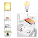 (White, with Bulbs, 2 USB Ports, Drawer) 3-Tier LED Floor Lamp with Wooden Storage Rack
