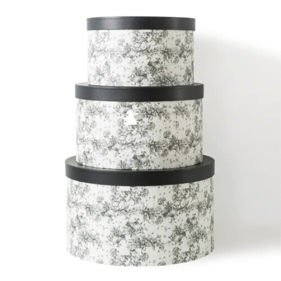 Soul & Lane Floral Hat Round Boxes with Lids - Set of 3: Nesting Cardboard Hat Storage Large Black Print Hat Cases Round Decorative Keepsake Boxes