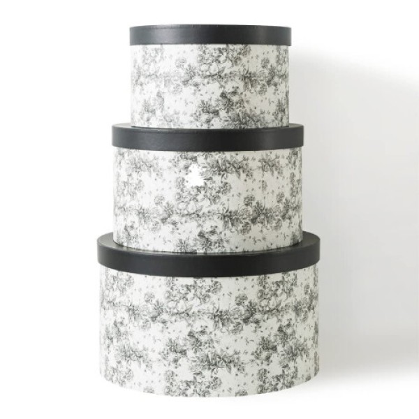 Soul & Lane Floral Hat Round Boxes with Lids - Set of 3: Nesting Cardboard Hat Storage Large Black Print Hat Cases Round Decorative Keepsake Boxes