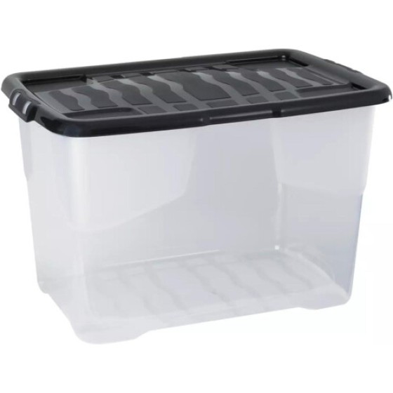 Strata 5 x 65 Litres Curve Plastic Stackable Storage Box & Lid Clear/Black Lid